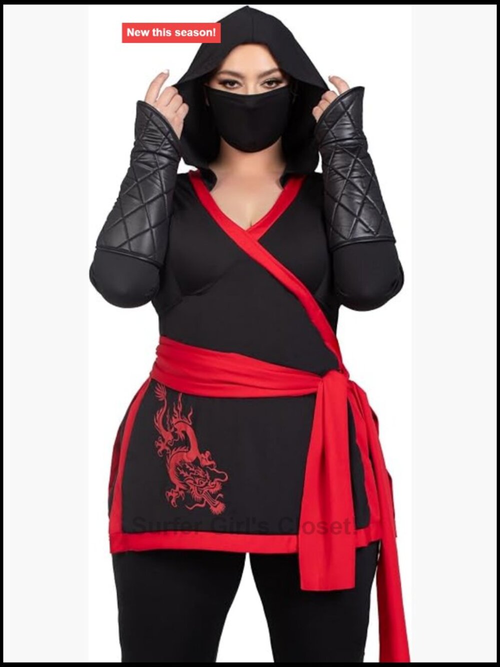 Plus Size Ninja Assassin Costume 4pc with Dragon Accent, Hood, Arm Gauntlets,
